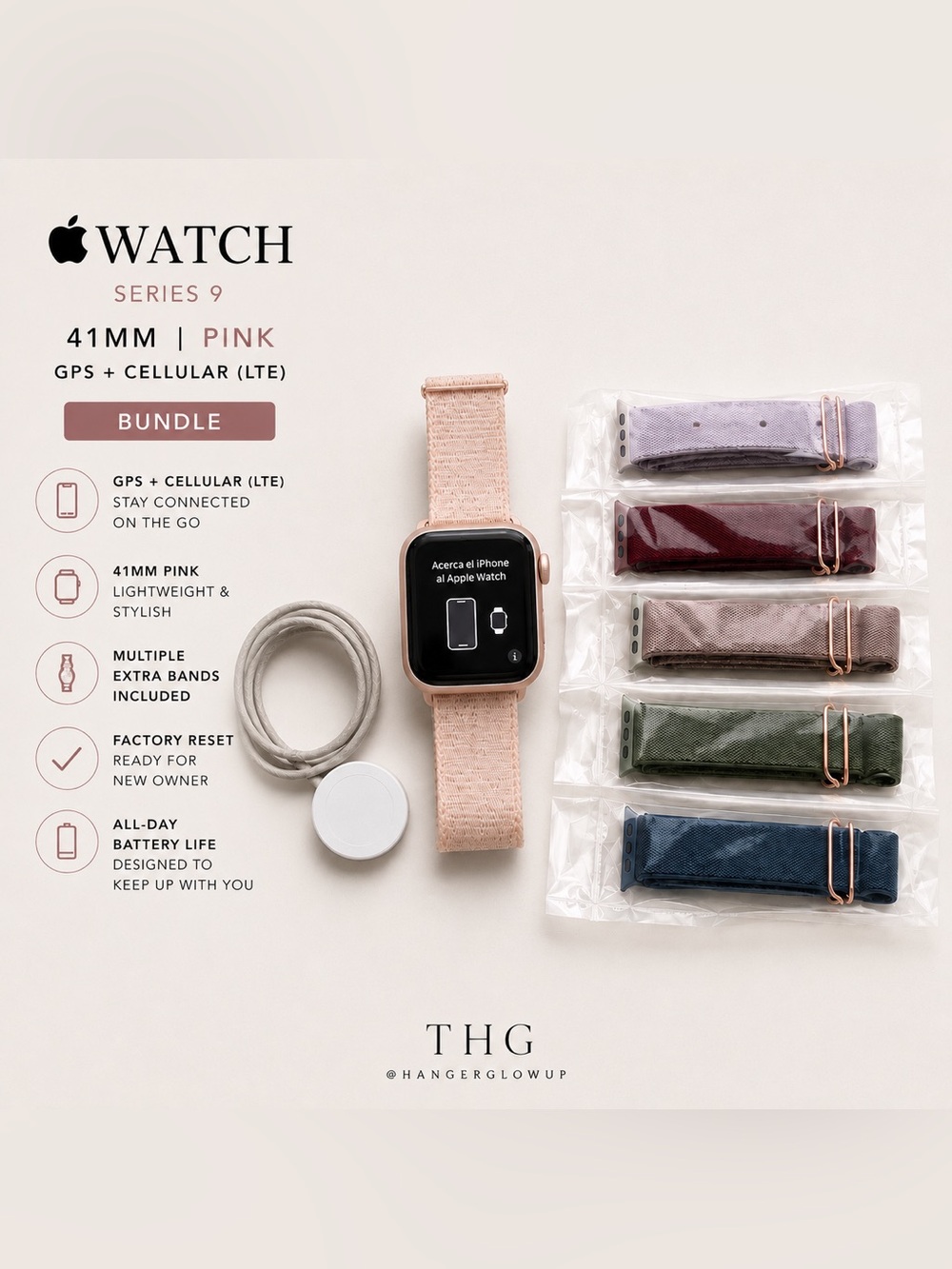 Apple Watch Series 9 41MM Pink LTE Bundle + Extra Bands